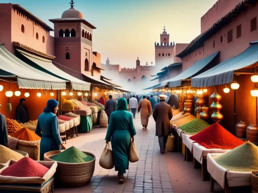 Fotografía de viajes con estilo: Pintura detallada de un bullicioso mercado en Marrakech, Marruecos, con colores vibrantes y ambiente exótico