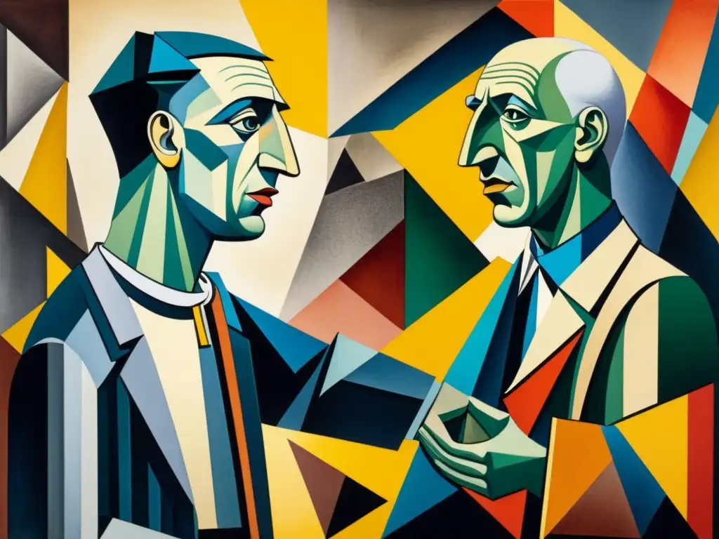 Vibrante acuarela de Picasso y Braque en animada conversación, rodeados de formas geométricas, reflejando el origen y características del cubismo