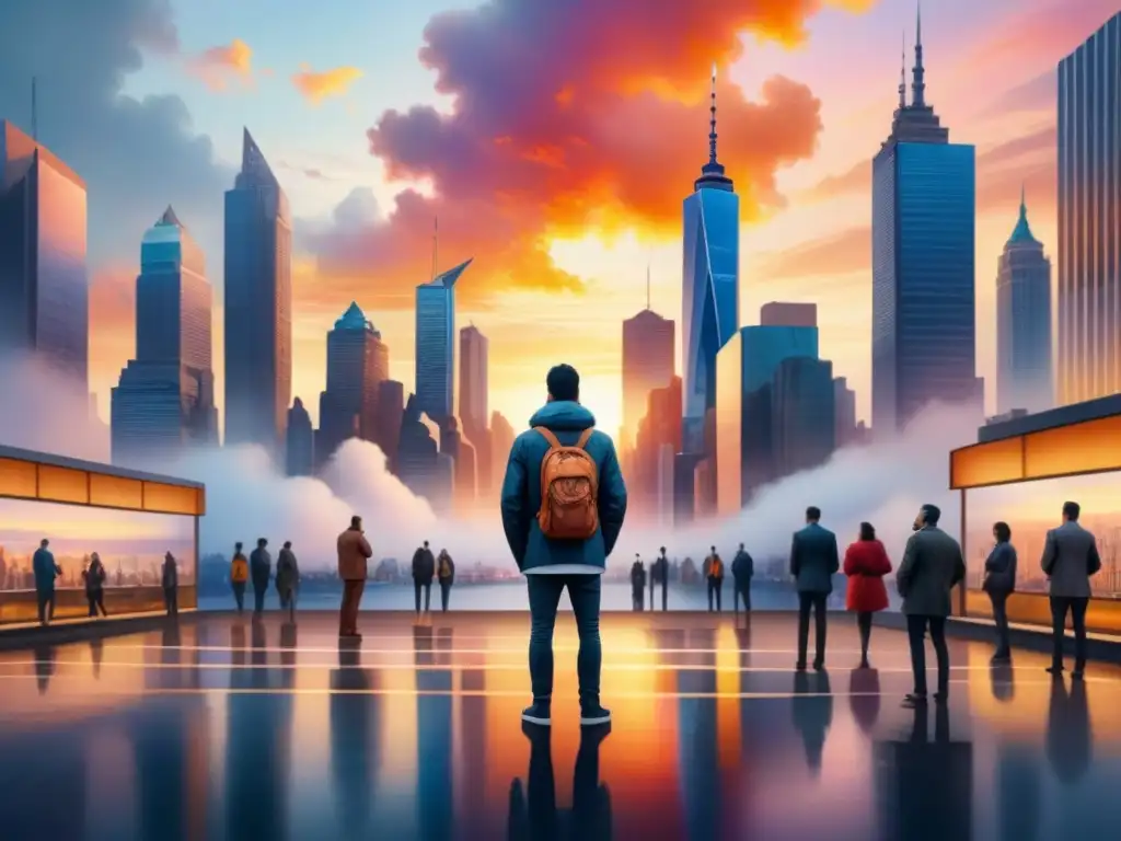 Vibrante acuarela 8k de la ciudad, reflejando arte contemporáneo y sociedad norteamericana