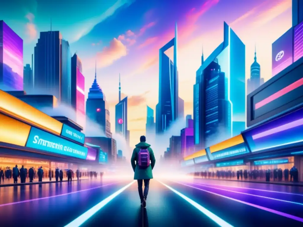 Una ilustración vibrante en acuarela de una ciudad futurista, con edificios dinámicos y luces interactivas