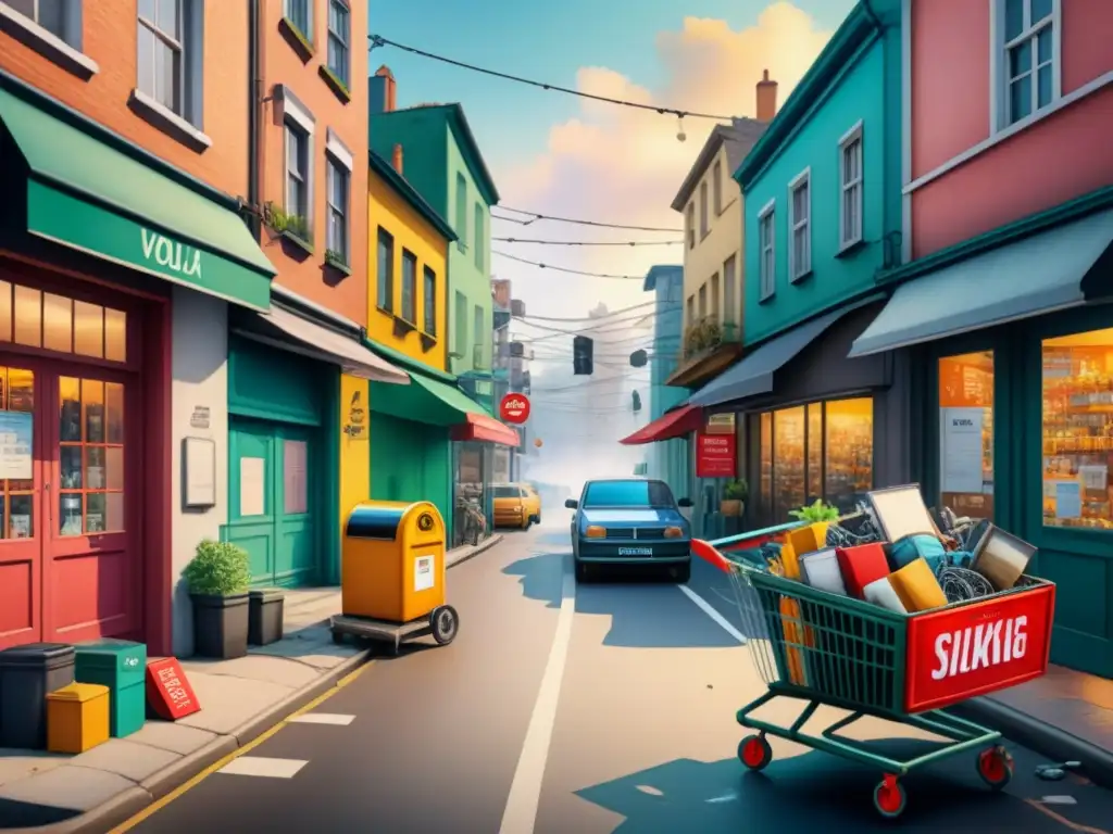 Caos urbano: pintura detallada de una esquina postmoderna Un vibrante acuarela detallada de una esquina de la ciudad postmoderna con objetos encontrados, capturando la esencia del postmodernismo