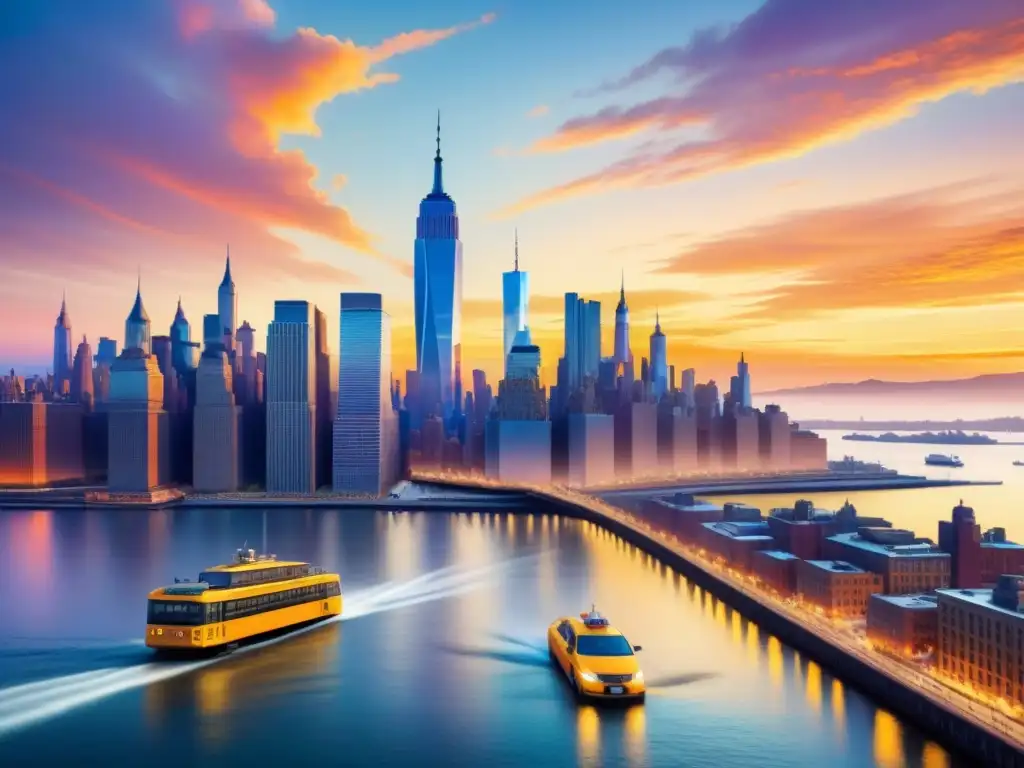 Vibrante acuarela detallada del icónico skyline de Nueva York al atardecer en la mejor galería de arte de la ciudad