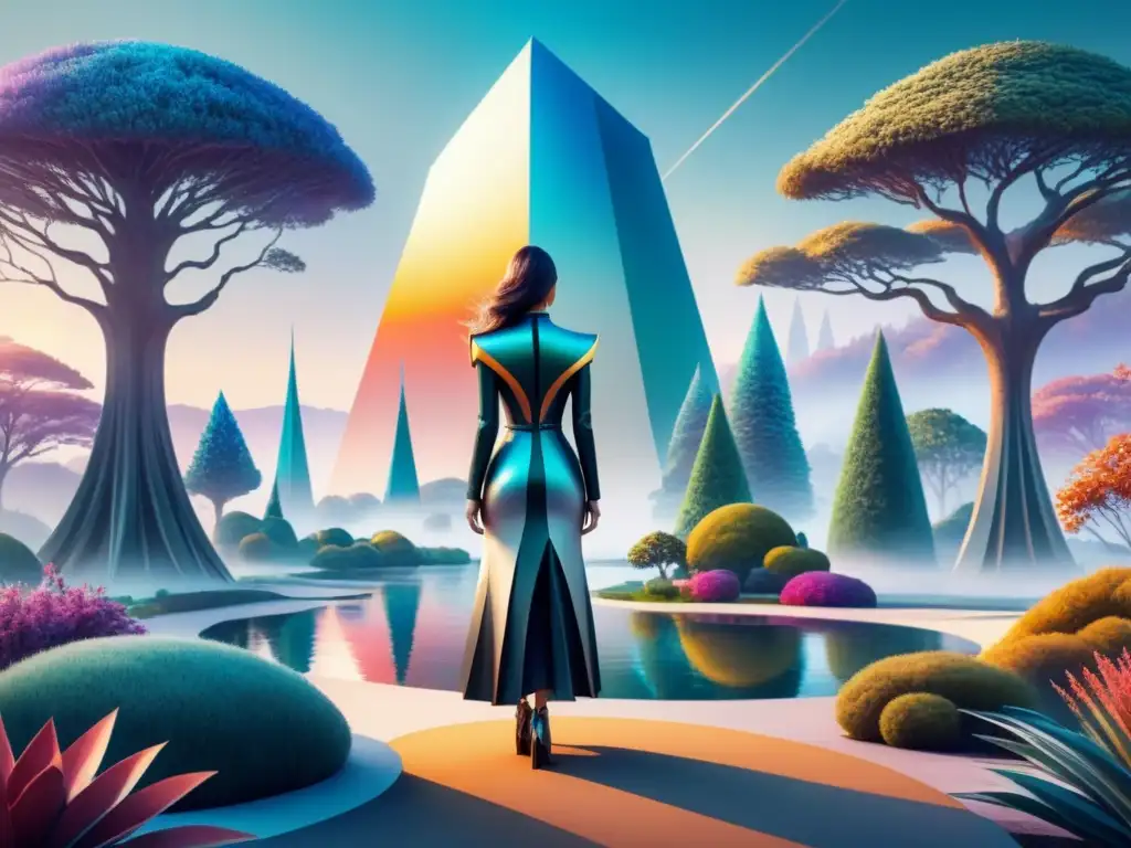 Una vibrante ilustración en acuarela de un jardín de esculturas futuristas en la era digital, bajo un cielo de atardecer digital