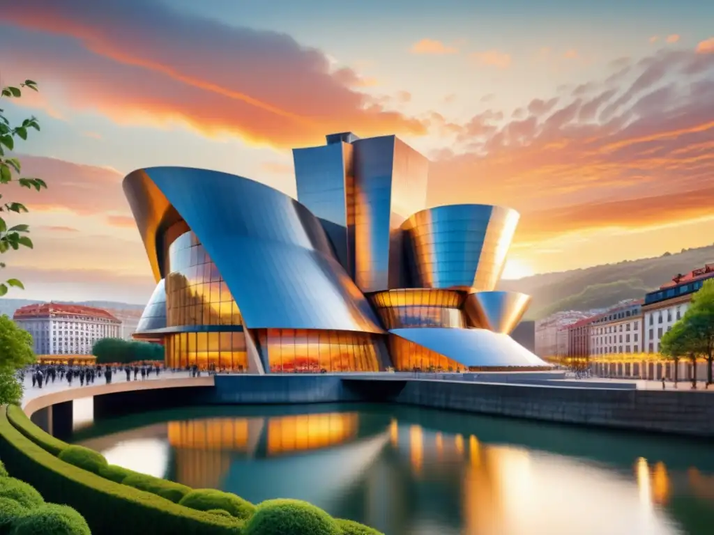 Vibrante acuarela del icónico Museo Guggenheim en Bilbao al atardecer, fusionando arte, arquitectura y naturaleza