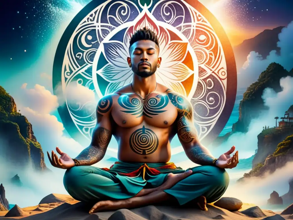 Una ilustración vibrante en acuarela de una persona meditando rodeada de patrones espirituales y tatuajes con significado espiritual en el alma