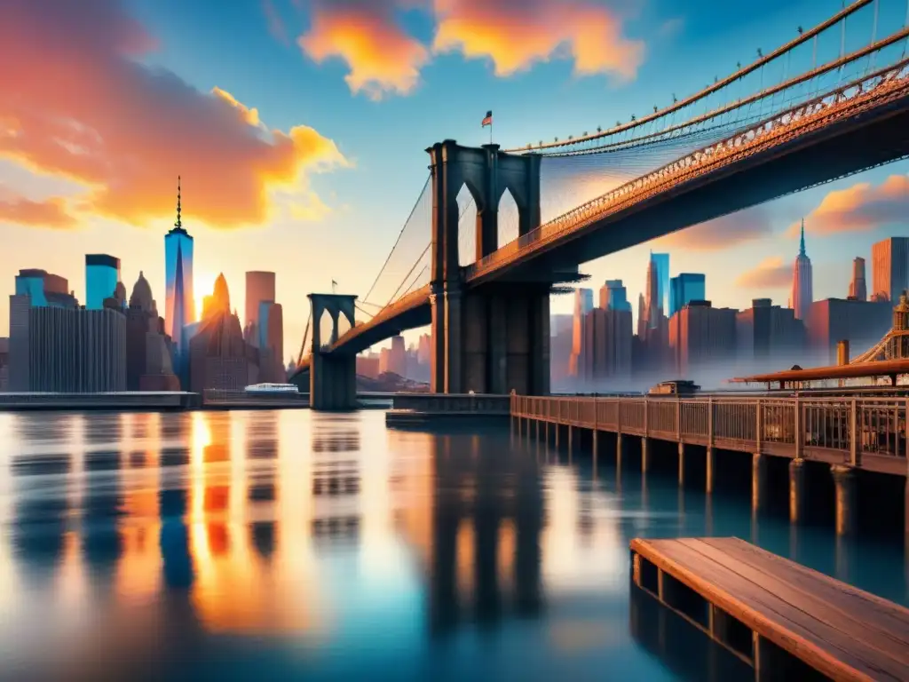 Vibrante acuarela del Puente de Brooklyn al atardecer con las mejores galerías de arte de Nueva York en DUMBO