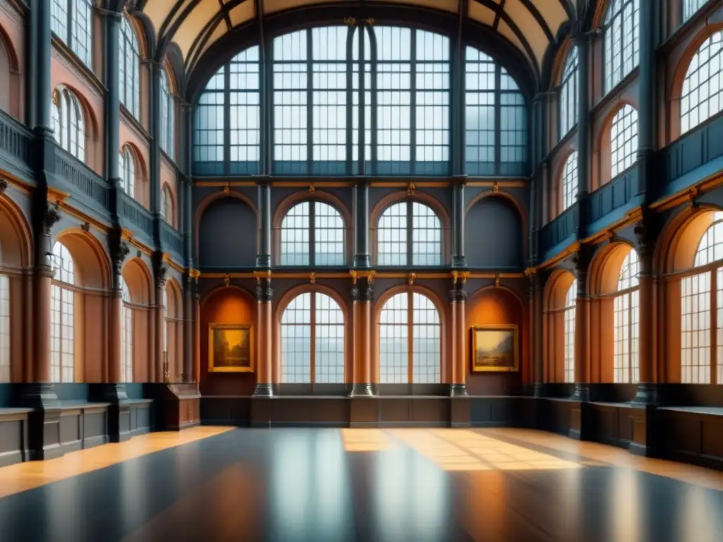 Vibrante acuarela del Rijksmuseum Siglo de Oro holandés: arte, tapices e historia iluminados por el sol, visitantes explorando