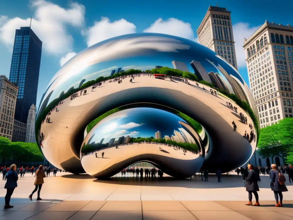 Una vibrante acuarela del icónico 'Cloud Gate' en Chicago, reflejando el skyline