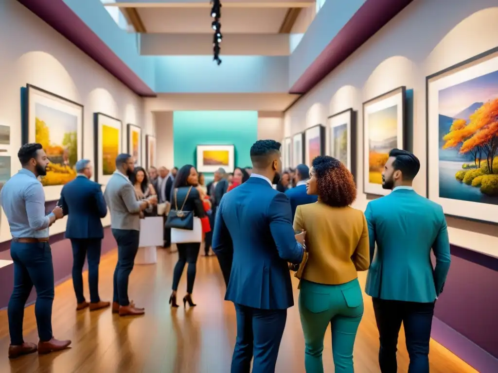 Vibrante apertura galería arte, diálogo social en colorida pintura acuarela