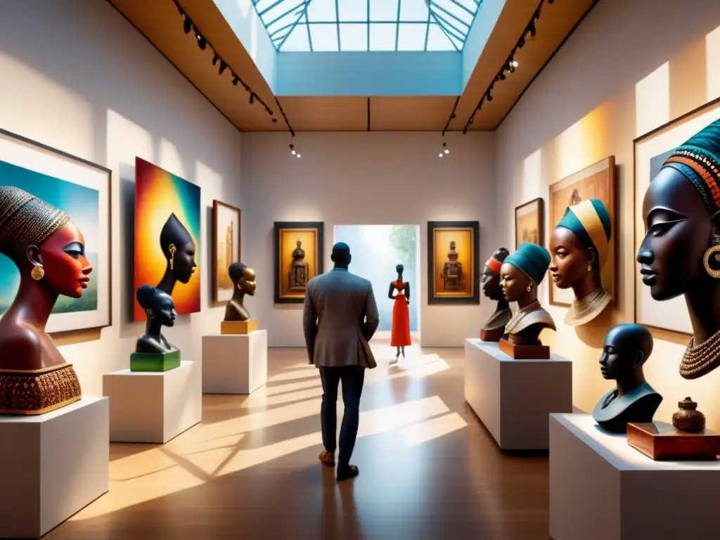 Vibrante galería de arte africano con diversidad de obras y visitantes, destacando la importancia de galerías en eventos artísticos de África