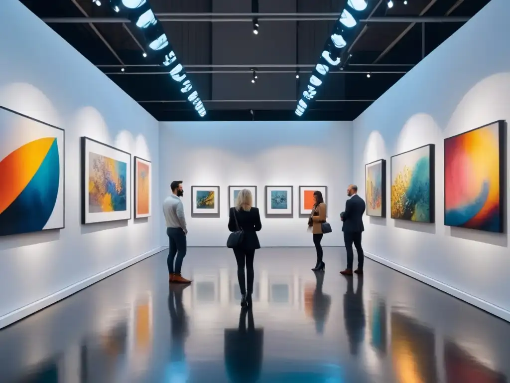 Vibrante galería de arte contemporáneo más allá de la pintura con esculturas abstractas, instalaciones vanguardistas y visitantes interactuando