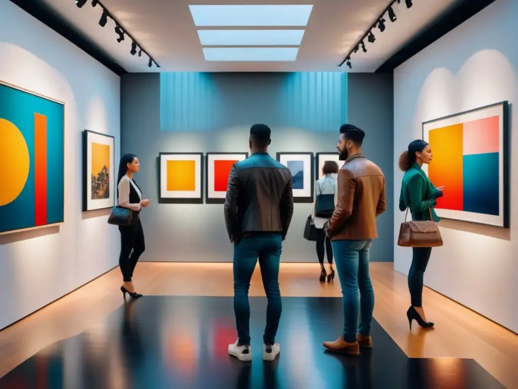 Vibrante galería de arte contemporáneo con esculturas y pinturas abstractas, reflejando ironía en arte contemporáneo