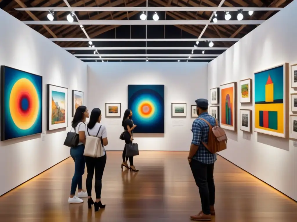 Vibrante galería de arte latinoamericano en bienal, llena de energía creativa y diversidad