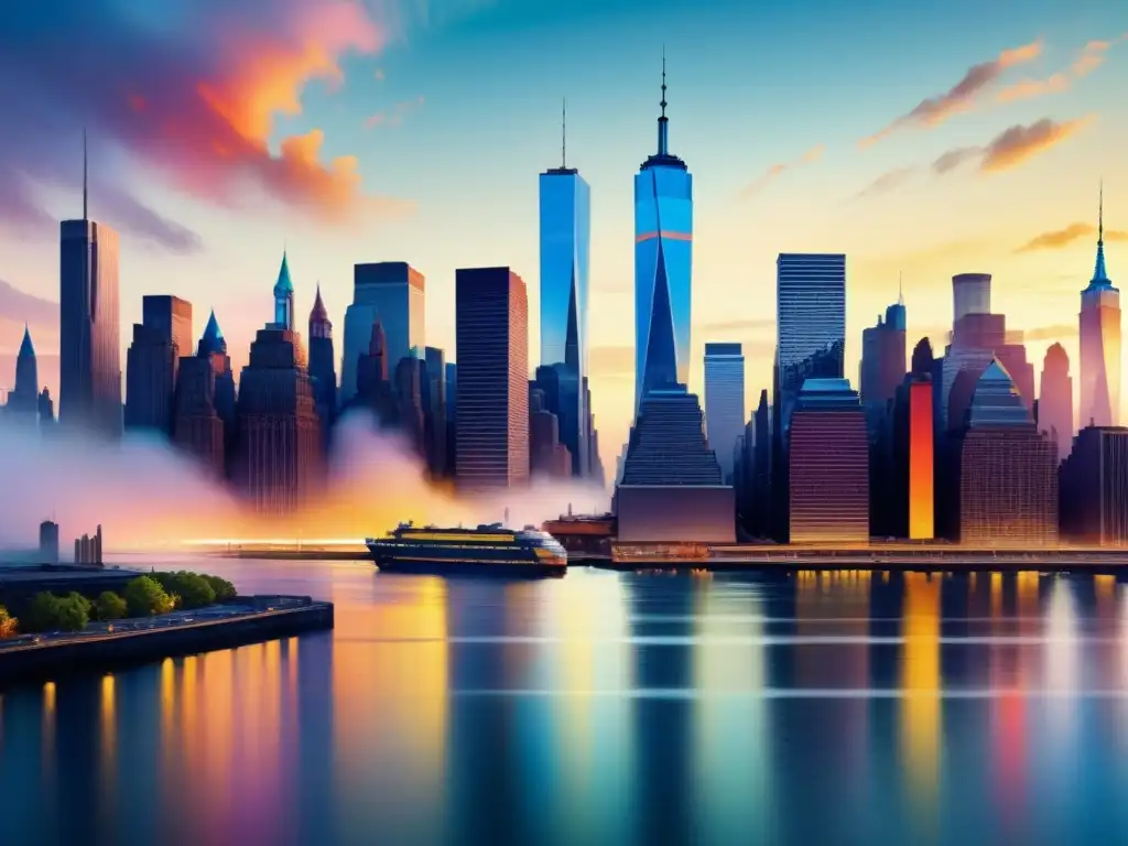 Una vibrante abstracción en el Arte Norteamericano: el skyline de Nueva York al anochecer, con colores audaces y detalles dinámicos