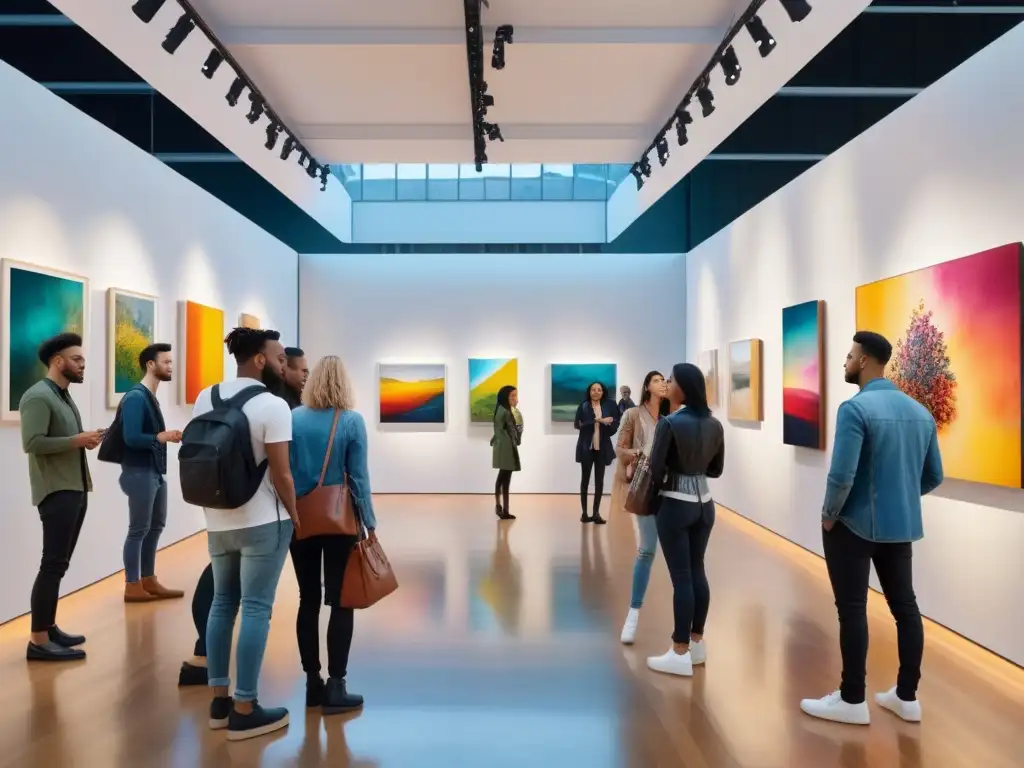 Vibrante galería de arte con Millennials disfrutando de obras contemporáneas