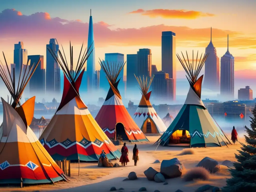 Vibrante intersección arte tradicional digital en Norteamérica con teepees y rascacielos bajo un atardecer colorido