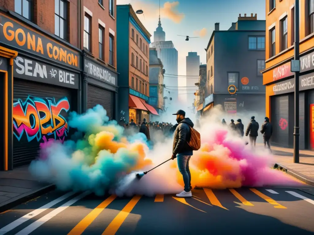 Vibrante arte urbano en una calle bulliciosa, lleno de coloridos grafitis