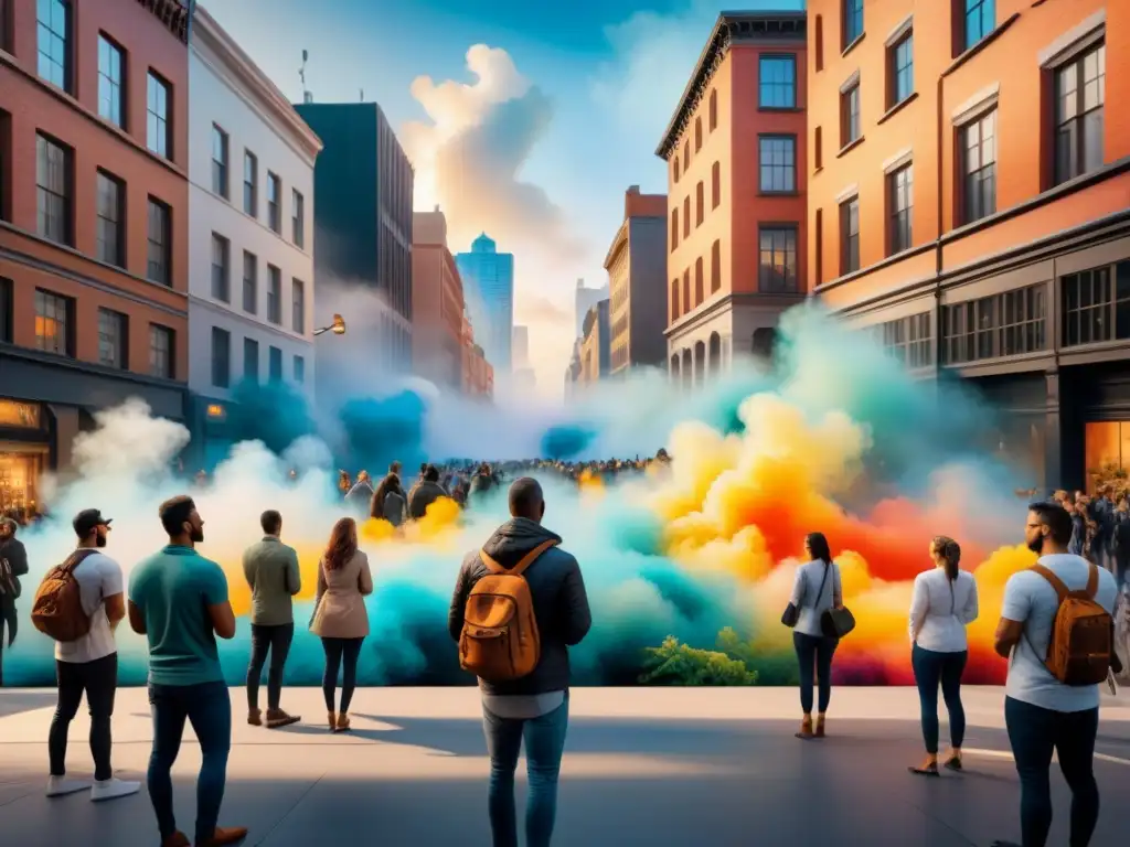 Arte urbano interactivo: mural gigante transforma la ciudad Vibrante arte urbano interactivo: espectadores interactúan con una obra gigante en la calle de la ciudad