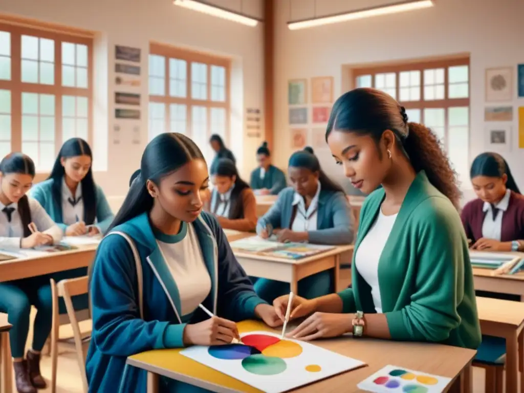 Vibrante aula de arte con estudiantes de diversas culturas creando juntos