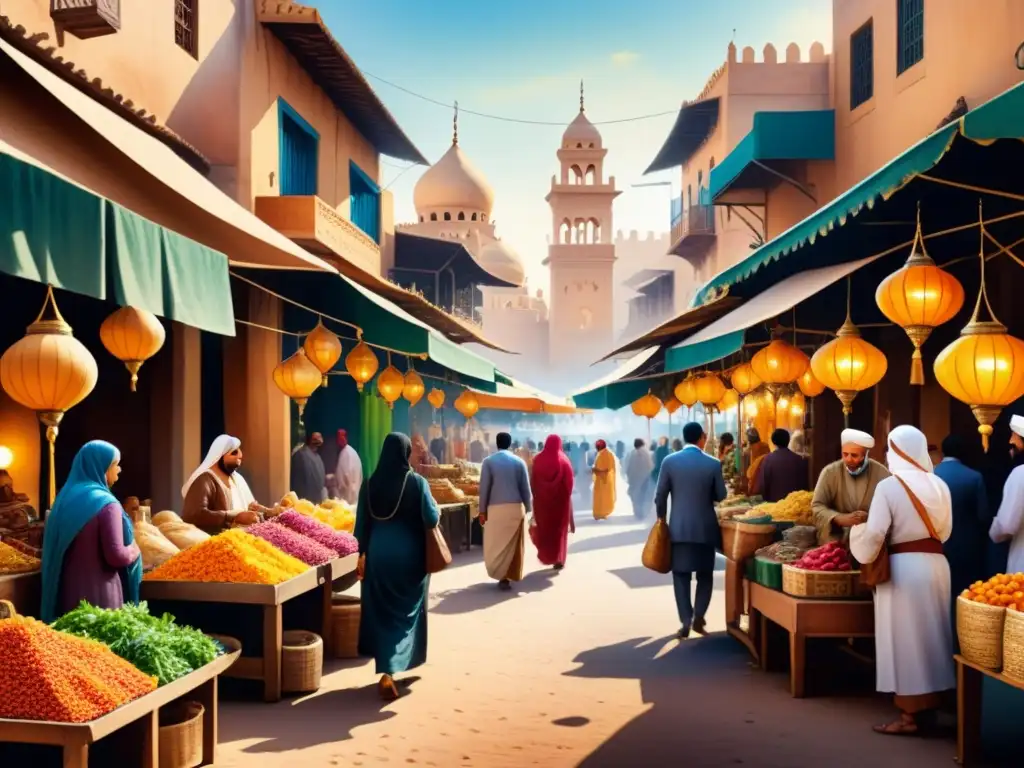 Bazar vibrante del Medio Oriente: un lienzo acuarela lleno de vida y color Un vibrante bazar del Medio Oriente en acuarela, lleno de colores y actividad cultural