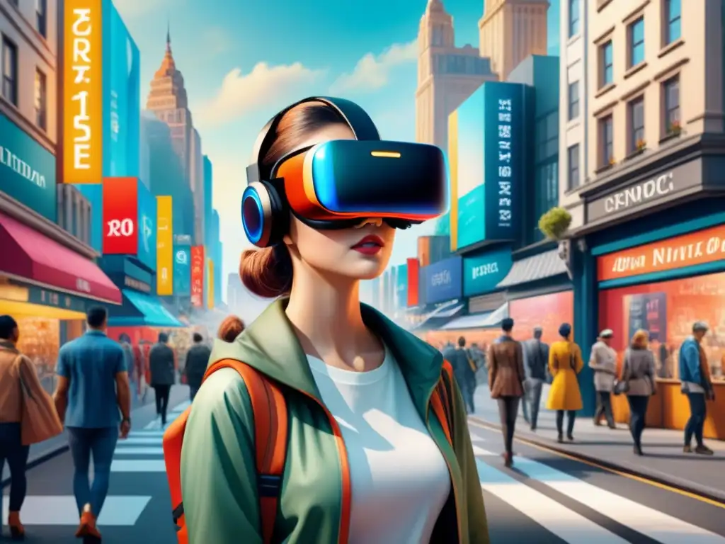 Vibrante calle de la ciudad con tiendas de Realidad Aumentada promocionando artistas emergentes
