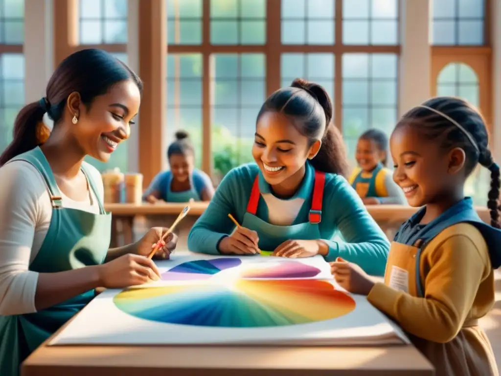 Un vibrante centro comunitario de arte, donde niños de diversas edades y orígenes colaboran en diversas actividades creativas