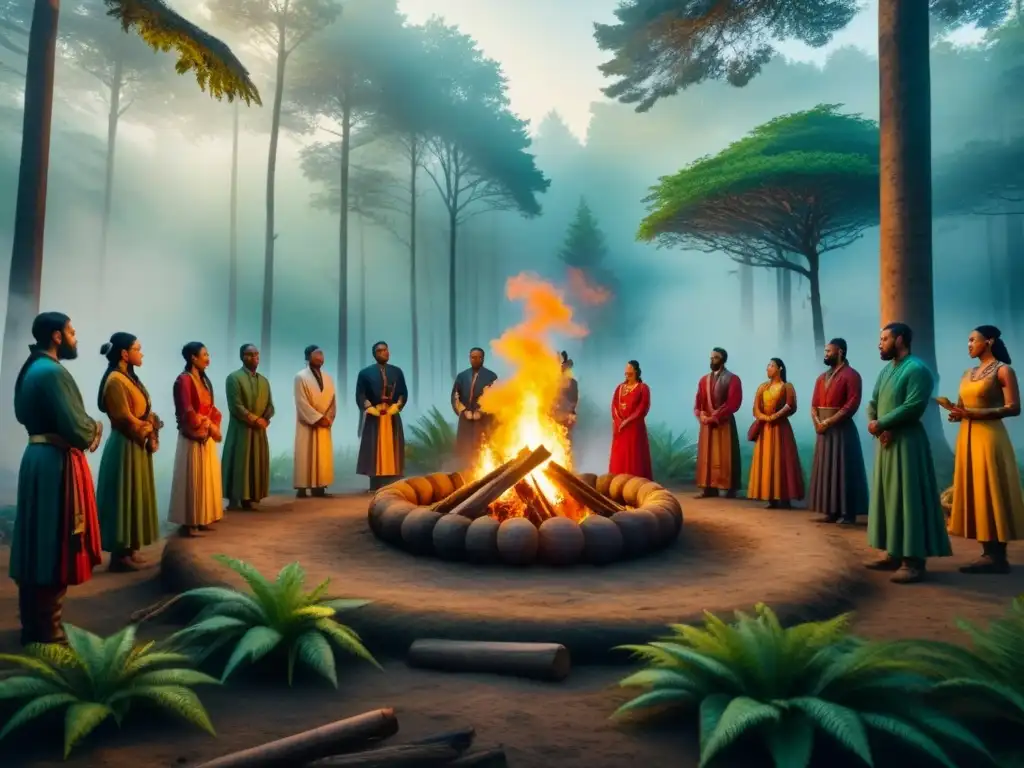 Una ilustración acuarela vibrante que muestra una ceremonia ritual antigua en un exuberante bosque místico