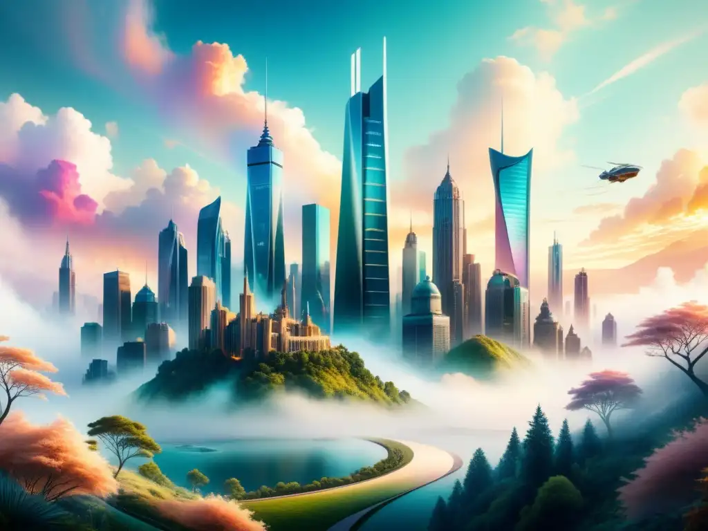 Una ilustración acuarela vibrante de una ciudad futurista con arquitectura onírica que se fusiona con la naturaleza