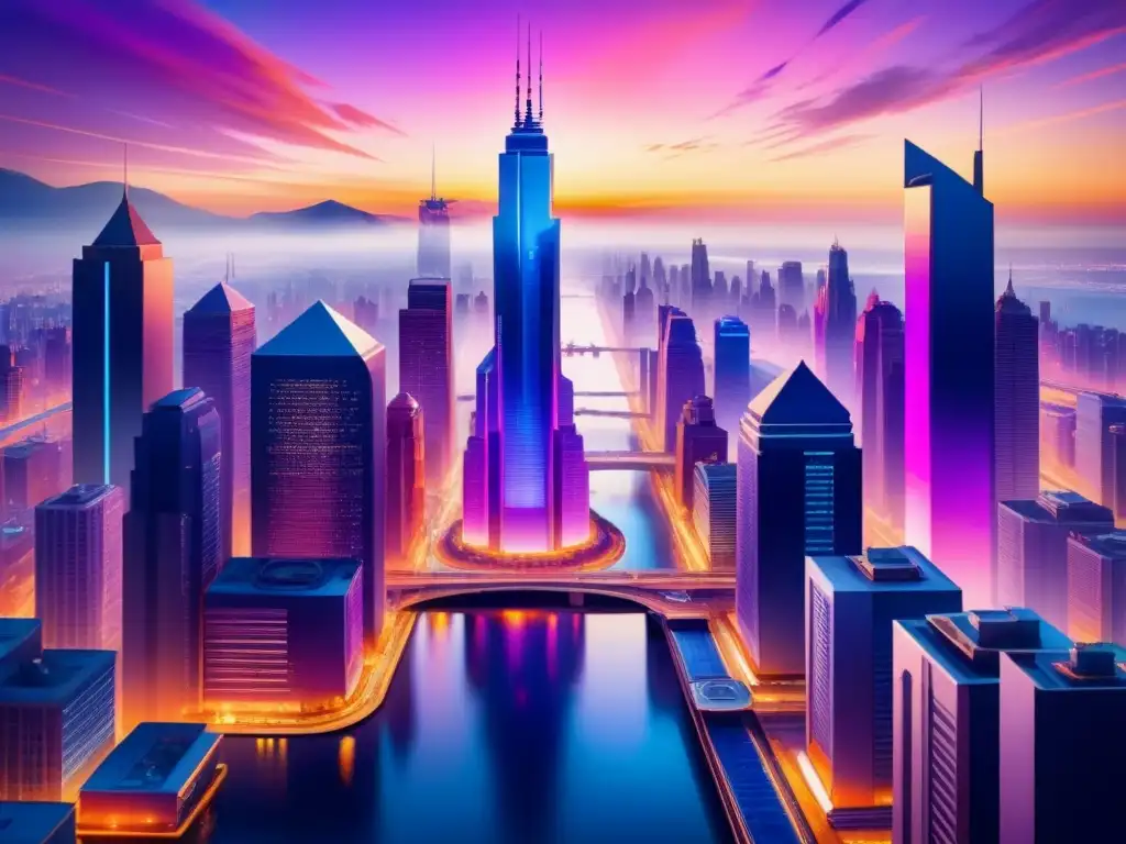 Vibrante ciudad futurista al atardecer con diseño sonoro en videojuegos