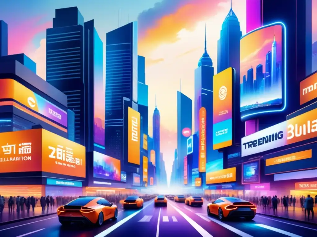 Cityscape futurista con vallas publicitarias digitales en acuarela Vibrante ciudad futurista con gráficos en movimiento para marketing digital