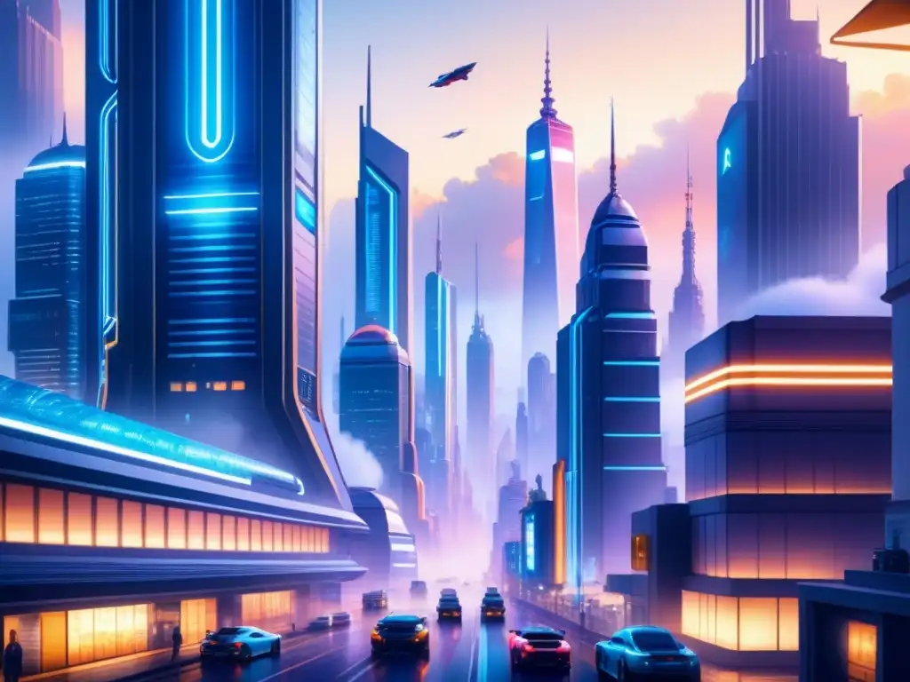 Vibrante ilustración acuarela de una ciudad futurista con inspiración creativa en videojuegos