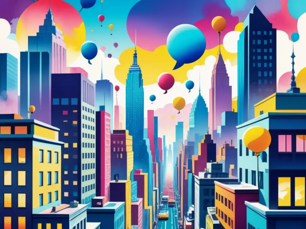 Cityscape pop art vibrante y surrealista Vibrante ciudad de Pop Art y narrativa postmodernista en acuarela detallada