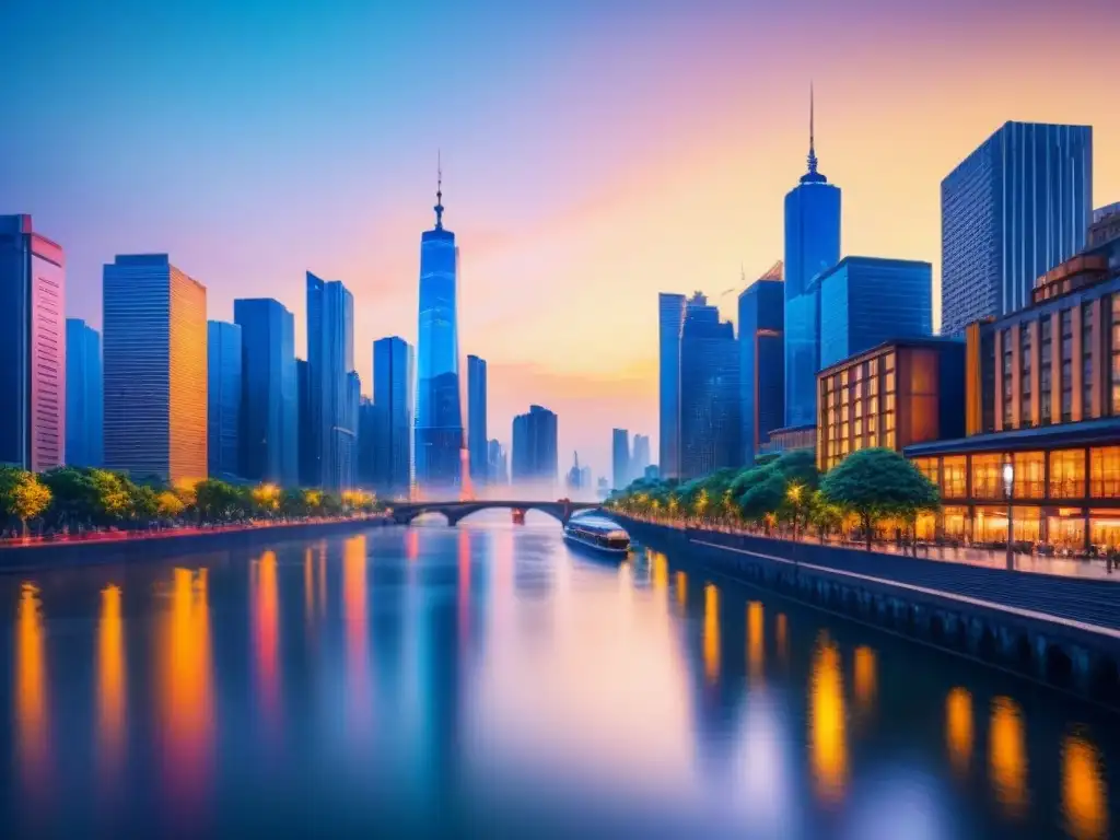 Vibrante ciudad al anochecer, reflejada en el río, con rascacielos iluminados