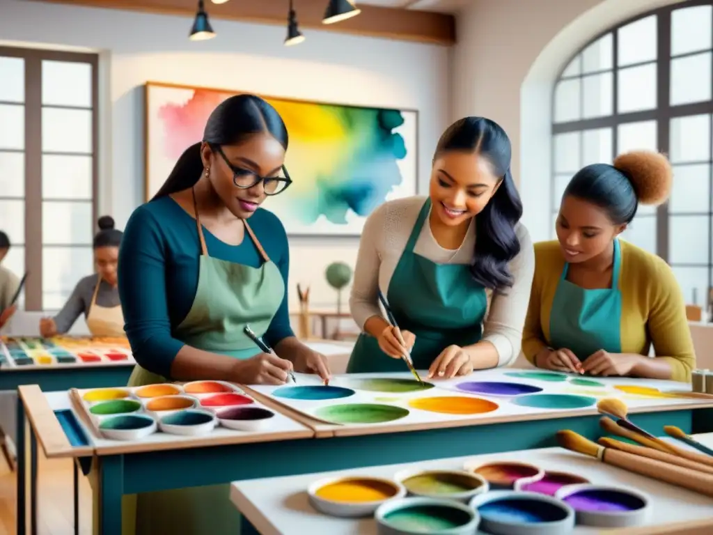 Vibrante clase de arte: estudiantes crean juntos en un ambiente dinámico, rodeados de colores y pinceles