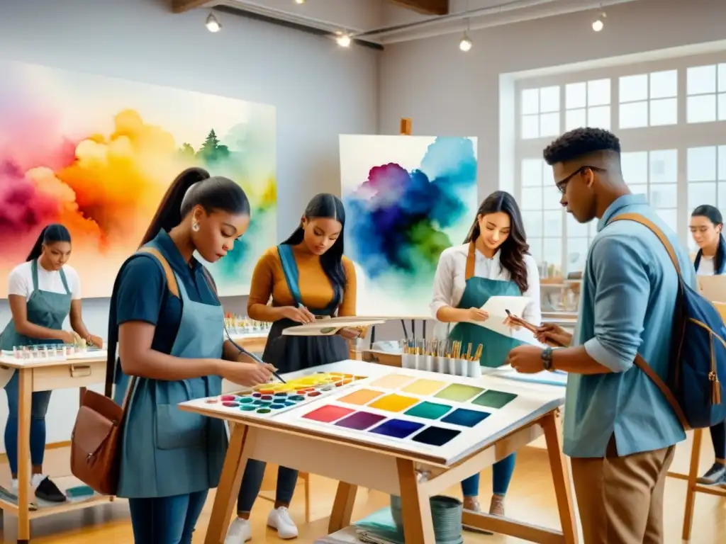 Obra acuarela: estudiantes creativos en clase de pintura Vibrante clase de pintura con estudiantes mostrando técnica única