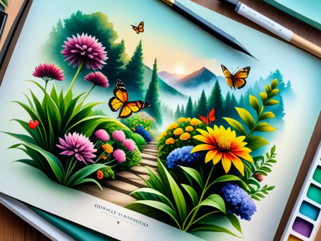 Un jardín vibrante y colorido en acuarela, con flores, plantas y mariposas detalladas, ideal para diario de arte para autoexploración