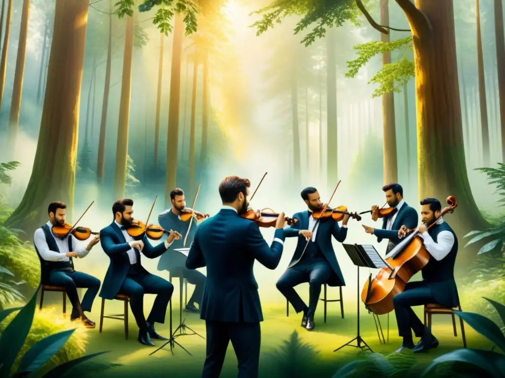 Un vibrante concierto en la pintura romántica de una orquesta majestuosa tocando en un bosque etéreo