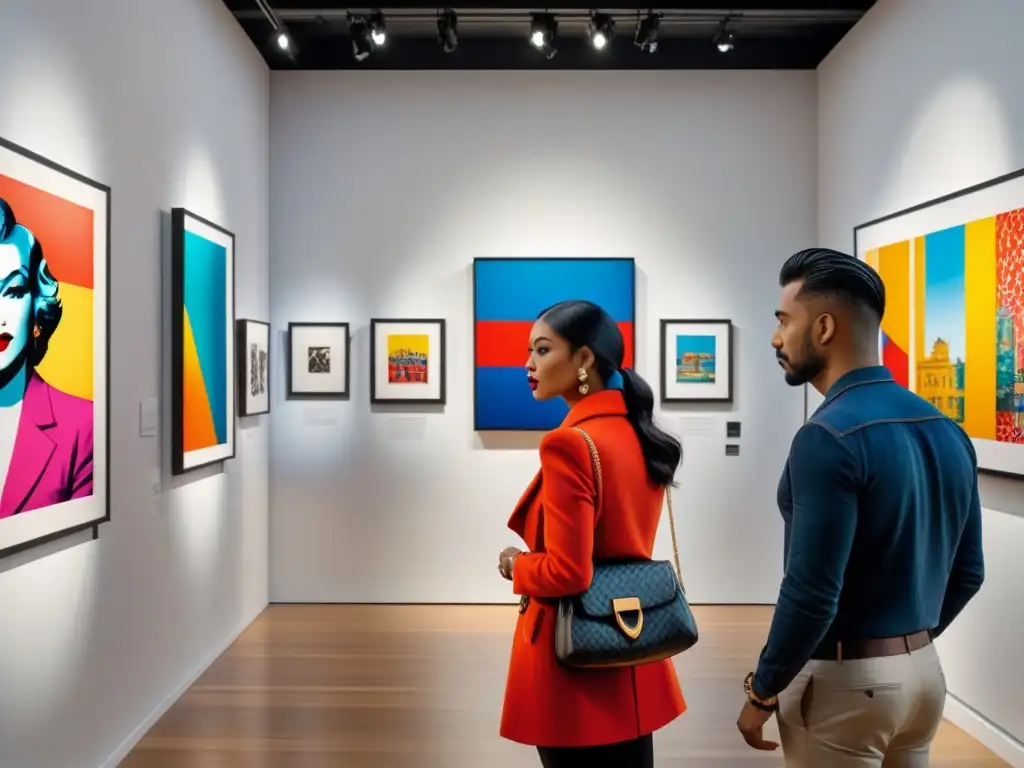 Un vibrante y concurrido galería de arte contemporáneo lleno de obras de Arte Pop, con visitantes diversos admirando las piezas