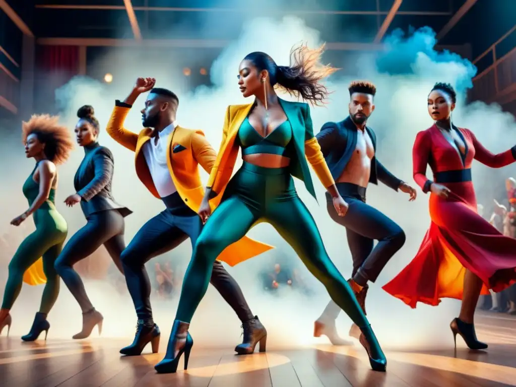 Un vibrante cuadro acuarela que retrata artistas diversos en un escenario moderno