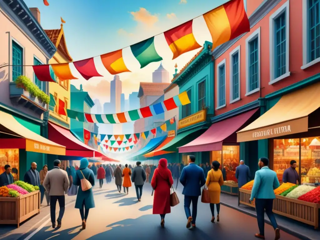 Calles multiculturales: pintura acuarela detallada de una ciudad vibrante Un vibrante cuadro acuarela muestra una calle multicultural con diversidad étnica