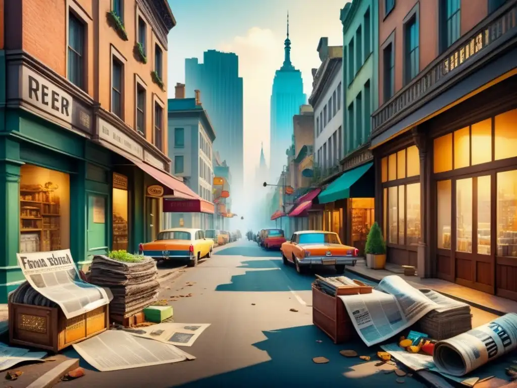 Pintura acuarela: Calle urbana llena de objetos abandonados Un vibrante cuadro de acuarela de una calle urbana llena de objetos abandonados, capturando la belleza del objeto encontrado en postmodernismo