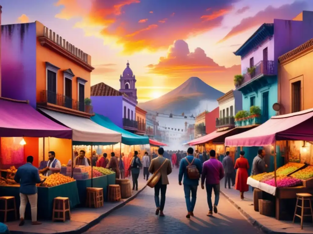 Un vibrante cuadro acuarela de una ciudad latinoamericana, con arte callejero, mercado y gente diversa creando arte digital