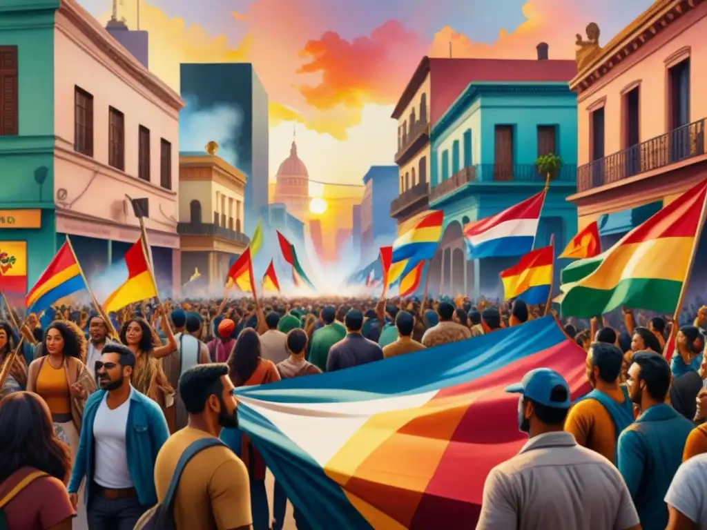 Un vibrante cuadro acuarela de una ciudad latinoamericana con protestas y murales, reflejando el arte visual latinoamericano contemporáneo