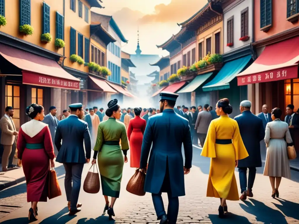Pintura acuarela de ciudad multicultural vibrante Un vibrante cuadro acuarela que captura la intersección cultural de una bulliciosa calle de la ciudad