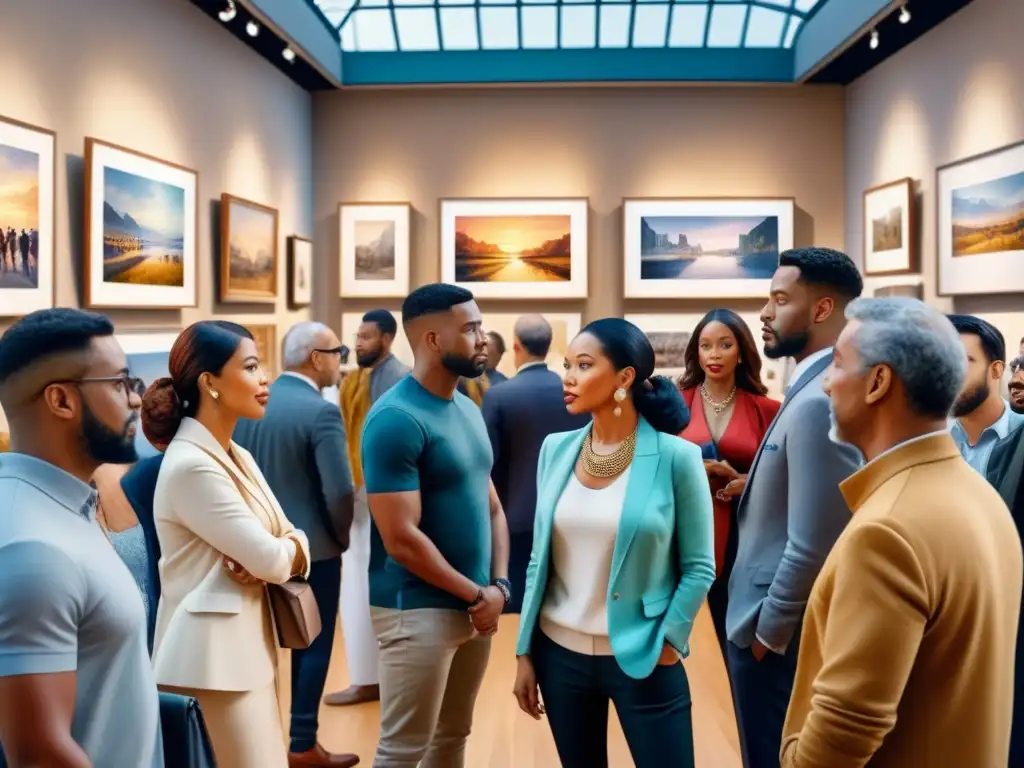 Obra de arte política en galería multicultural Un vibrante cuadro acuarela detallado de una galería de arte abarrotada con personas diversas contemplando arte político que conmueve
