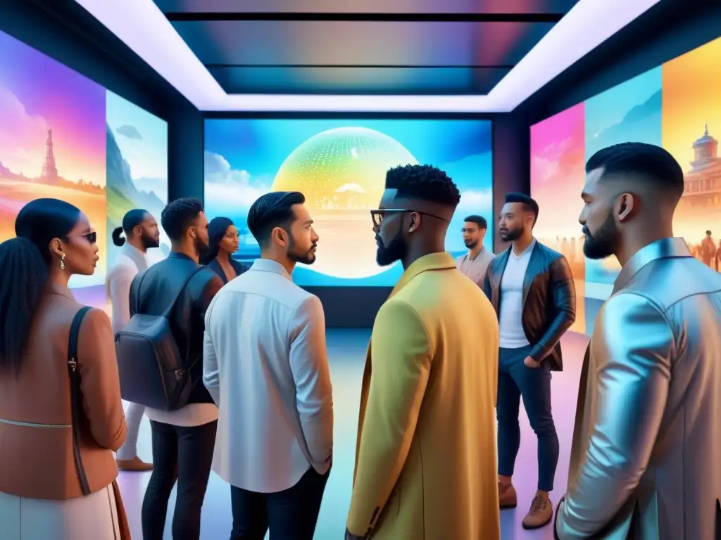 Un vibrante cuadro acuarela que muestra diversidad y tecnología en una galería de arte futurista con NFT arte democratización burbuja especulativa