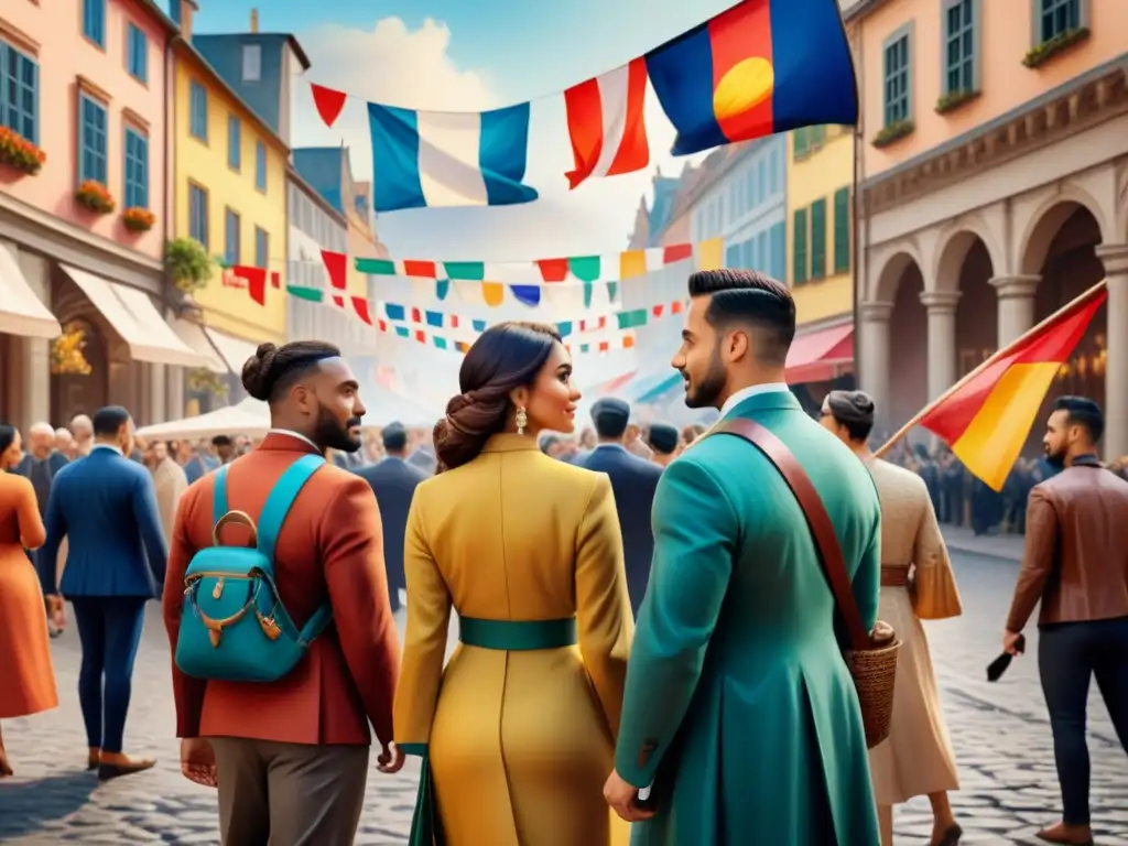 Pintura acuarela: diversidad y unidad en plaza europea Un vibrante cuadro de acuarela que representa la diversidad de minorías en un escenario europeo, celebrando la inclusión