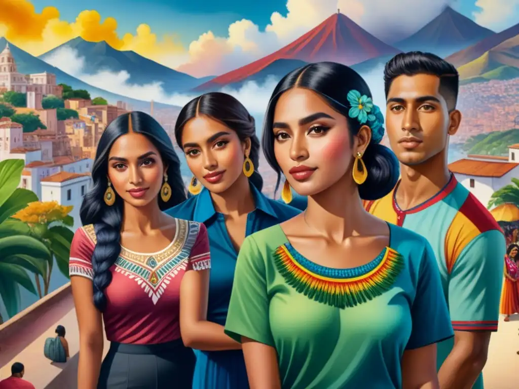 Un vibrante cuadro de acuarela que retrata la diversidad de la juventud latinoamericana en un escenario urbano colorido