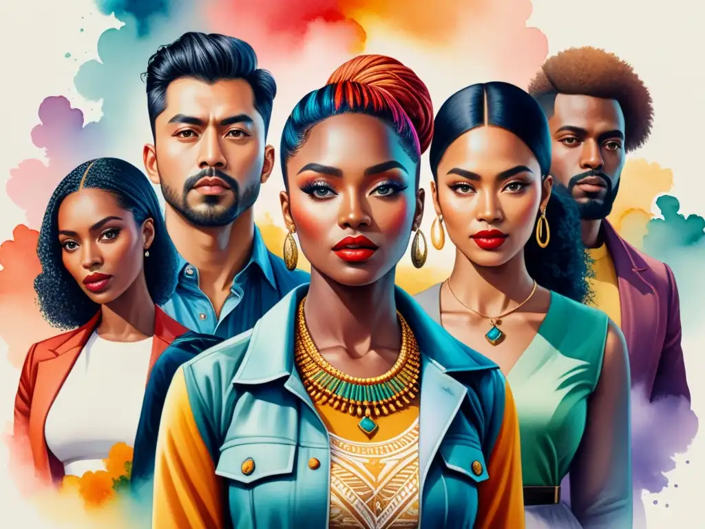Un vibrante cuadro en acuarela que representa la diversidad de identidades en arte postmodernista
