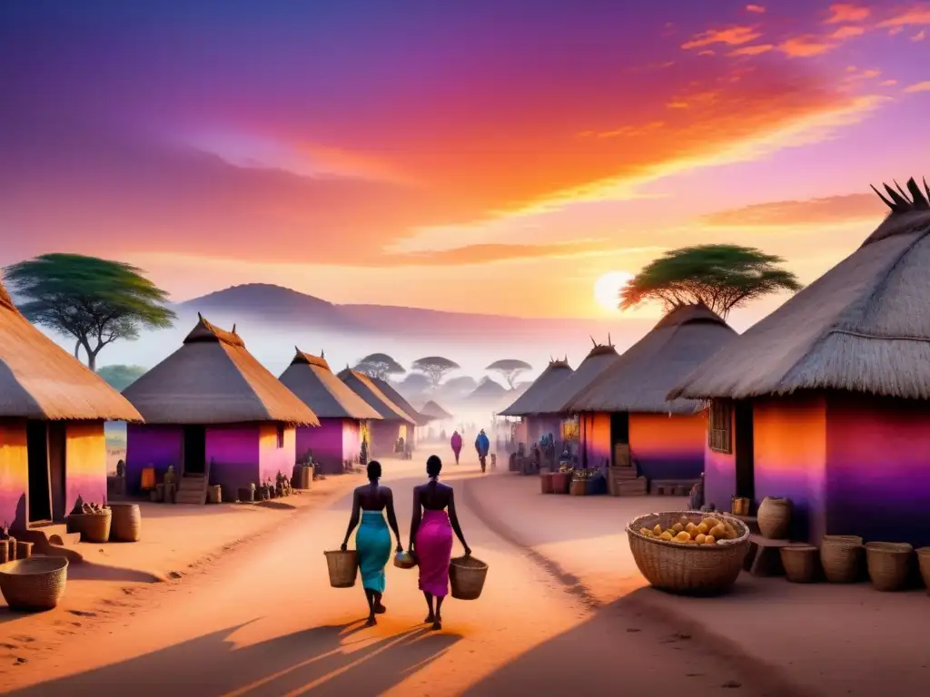 Un vibrante cuadro de acuarela que representa una escena tradicional de un pueblo africano al atardecer, con un contraste impresionante entre el cielo colorido y las sombras del pueblo